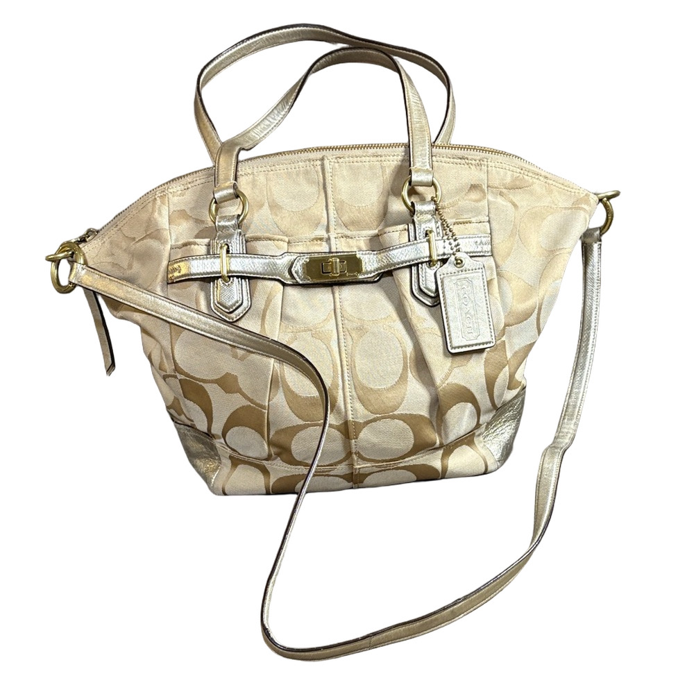 Coach Beige Signature Canvas Shoulder Bag with Metallic Gold Trim